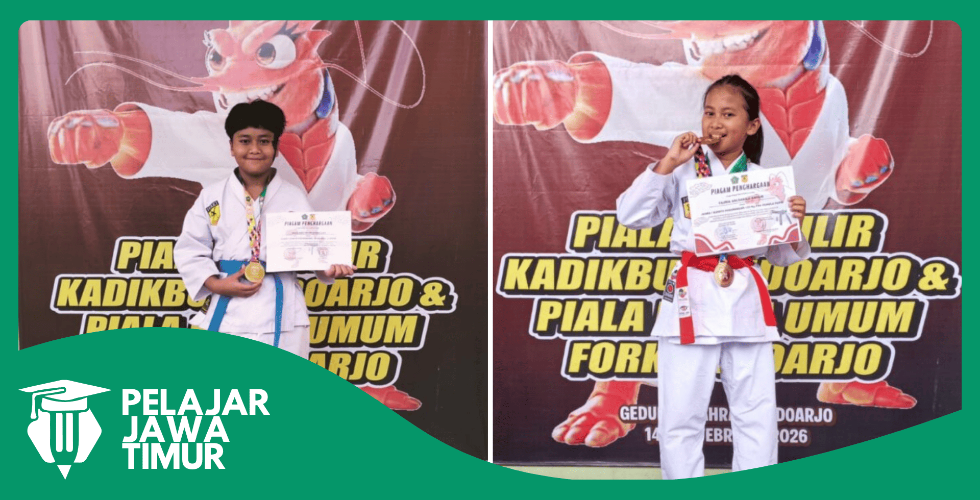 Dua Siswa SD Negeri Candi Sidoarjo Raih Juara 1 Karate di Kejuaraan Piala Bergilir Kadikbud 2026.